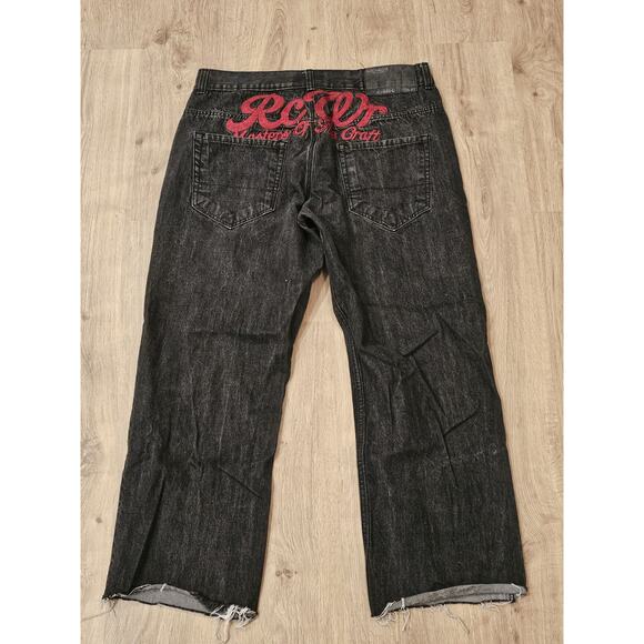 Vintage Y2K RocaWear Baggy Wide Leg Skater Jeans Red Embroidered Black 38X28 - Picture 1 of 11